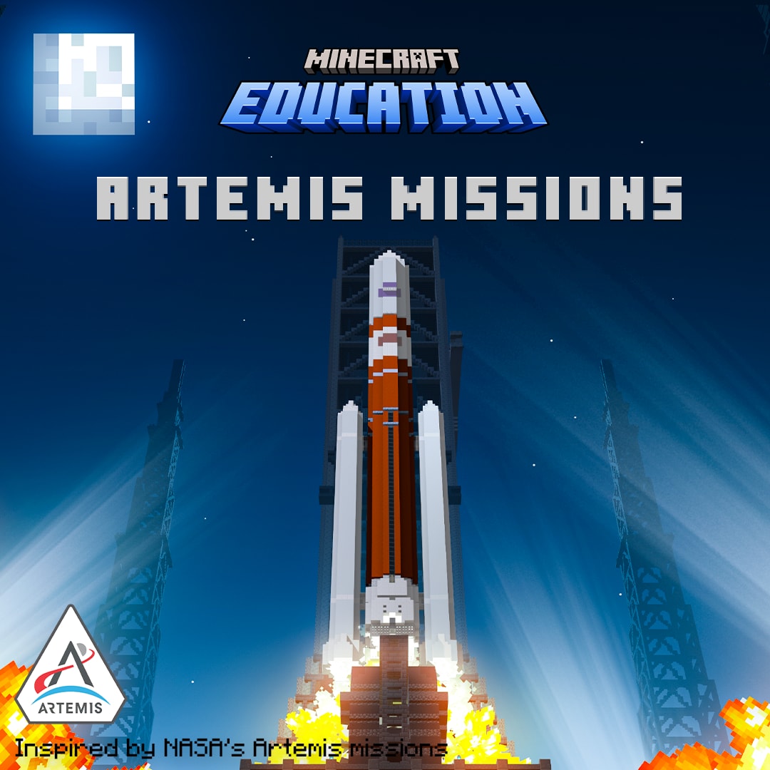 Minecraft Education 场景具有火箭发射和火焰，灵感来自美国国家航空航天局的阿尔忒弥斯任务。Minecraft Education 徽标下方写有文字“阿尔忒弥斯任务”。