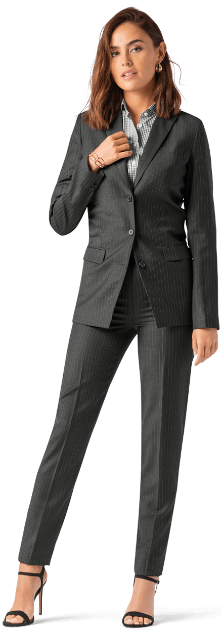 Premium Grey 3 button striped wool Pantsuit with peak lapels