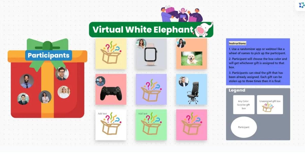 バーチャル・クリスマス・パーティーのアイデア：ClickUp's Virtual White Elephant Templateのスクリーンショット。
